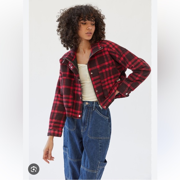 BDG Urban Outfitters Skye Plaid Shirt Jacket in Red and Black Size Medium - Picture 1 of 10